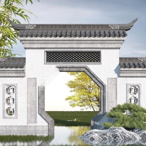 中式园林景观大门3D模型下载